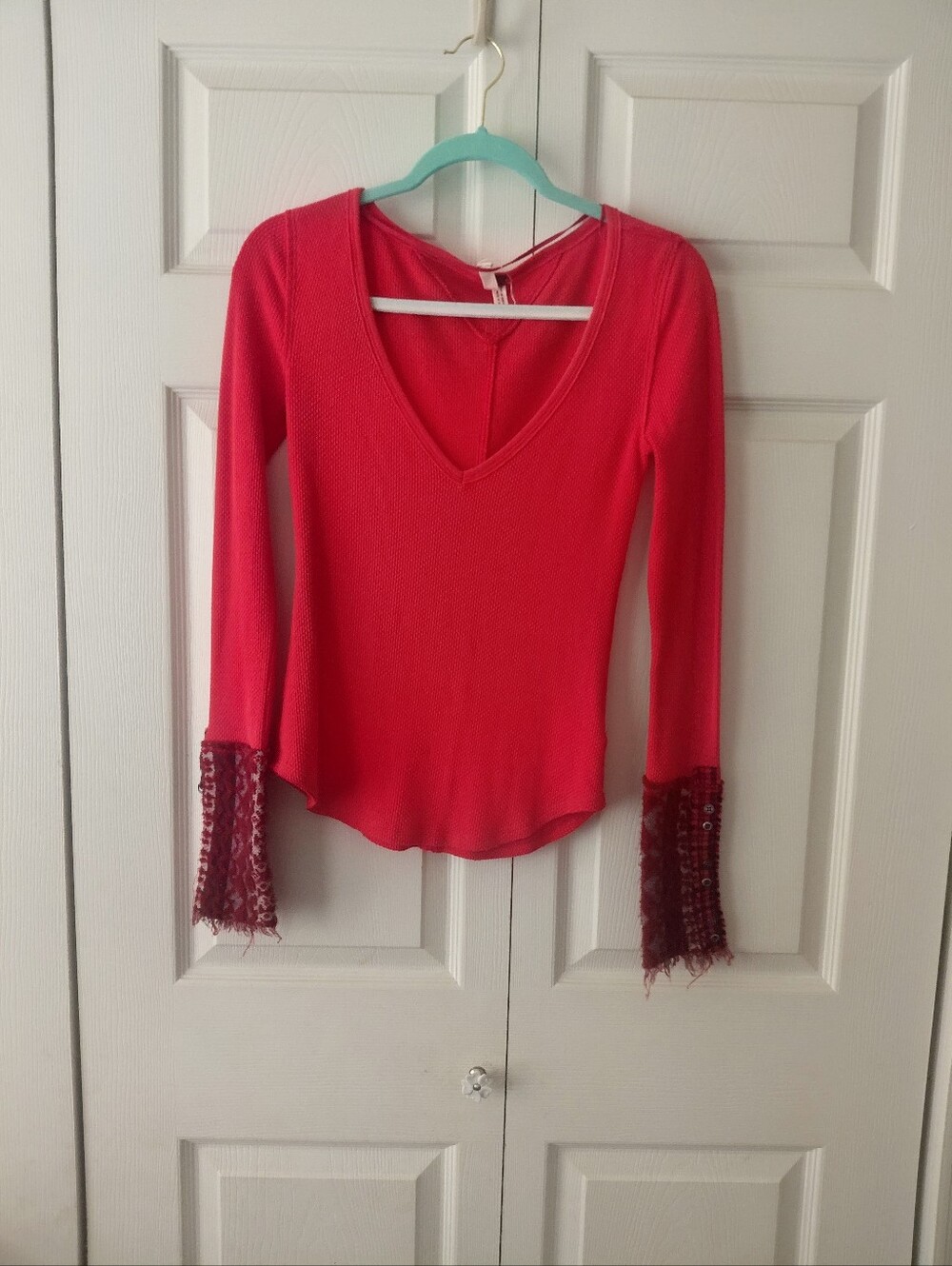 We The Free Long Sleeve Deep V Top with Sweater Cuffs - Red
